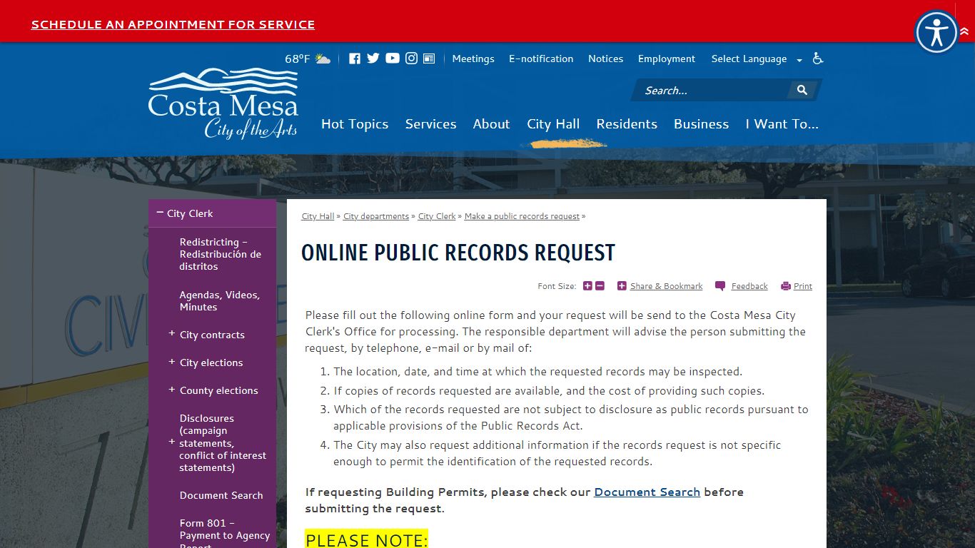 Online Public Records Request | City of Costa Mesa